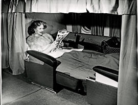 
Sleeper bunk in Lockheed Constellation interior. Possibly a Lockheed factory photograph.
