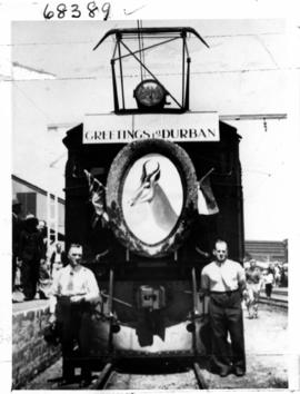Durban, 1 December 1936. Decorated SAR Class 1E at the opening of the Durban - Cato Ridge electri...