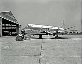 Johannesburg, 1962. Jan Smuts airport. SAA Vickers Viscount ZS-CVA 'Rietbok' being towed outside ...