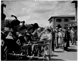 Bloemfontein, 7 March 1947. King George VI and Queen Elizabeth inspecting Scottish band.