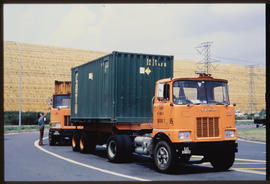 Johannesburg, 1978. Two SAR MACK trucks, No B18033 leading, with containers arriving at Kaserne.