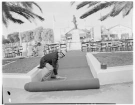 Mafeking, 17 April 1947. Preparation of carpet towards the Rhodes memorial.
