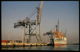 Durban, 1981. Container ship at Durban Harbour container terminal.