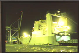 Durban, August 1985. 'Kolsnaren' RoRo ship at night in Durban Harbour. [CF Gunter]