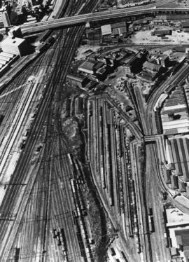 Johannesburg, 1961. Aerial view of Park station approach.