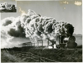 Passenger train with locomotive emitting large smoke plume.