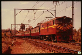 Krugersdorp district, 1965. SAR Class 5E1 Srs 3 No E732 with passenger train No 398 near Krugersd...