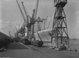 Durban, 1974. Wagons on quay alongside ship "Stellenbosch" at new no 1 quay in Durban h...
