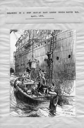 East London, April 1878. Embarking in a surf boat during Ninth Frontier War  Sketch. (Killie Camp...