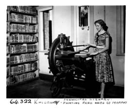 Kimberley, 1956. Printing press used by Moffat in Kuruman, on display in Kimberley municipal libr...