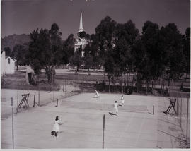 Wellington, 1952. Tennis courts and church.