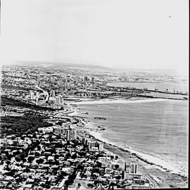 Port Elizabeth, 1972. Aerial view of city along the coastline.