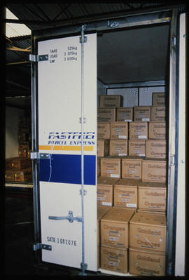Johannesburg, 1986. Boxes inside container at Kaserne.