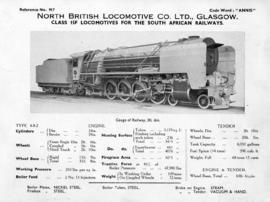 SAR Class 15F. Technical details from North British Locomotive Company, Glasgow. LDB 104 A 105 106.