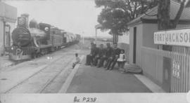 Fort Jackson, 1895. Train hauled by Cape 7th Class No 351, later SAR Class 7 in station with rail...