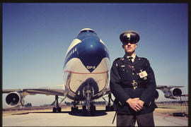 SAR policeman in front of SAA Boeing 747SP ZS-SPA 'Matroosberg'.