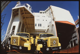 Durban, August 1985. Two Renault trucks leaving 'Kolsnaren' RoRo ship in Durban Harbour. [CF Gunter]