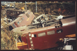 Severely damaged SAR Class 6E1 electrical locomotives on accident scene.