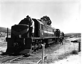 Alicedale district, October 1970. SAR Class 33 No 33-481 with ore train on its way to Port Elizab...