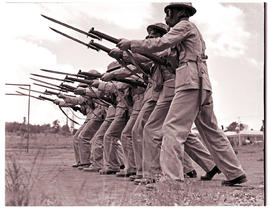 
Army recruits in training, bayonet training.
