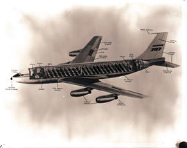 
Boeing 707 interior. Cutaway sketch drawing. Layout of passenger accomodation. LOPA.
