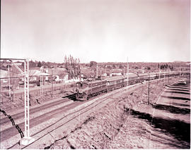 "Johannesburg, 1957. SAR Class 5E No 567 with Blue Train near Unified."