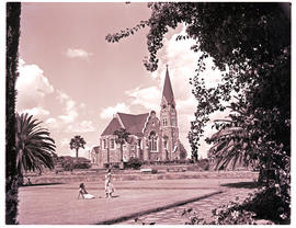 Windhoek, South-West Africa, 1952. Lutheran Church and municipal gardens.