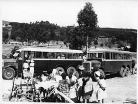 Circa 1928. Swaziland. Thornycroft three-axle buses No's 249 on the left and 192 on the right.