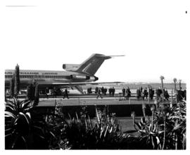Durban, 1970. Louis Botha airport. SAA Boeing 727 ZS-SBE 'Letaba'. Passengers disembarking.