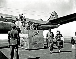 Johannesburg, 1950. Palmietfontein airport. SAA Lockheed Constellation, disembarking. Note text o...