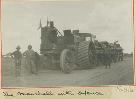 Circa 1915. Troops at Marshall tractor in World War One.