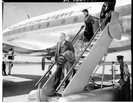 Cape Town, November 1955. Opening of DF Malan Airport. Minister Schoeman disembarking from SAA Lo...