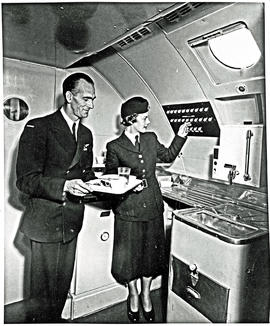 
BOAC Handley Page Hermes interior. Galley. Steward and hostess.
