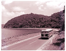 Knysna, 1961. SAR Canadian Brill motor coach bus  No MT6007 next to lagoon.