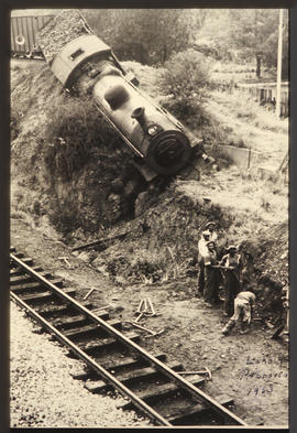 Pretoria, 1953. Steam locomotive overrunning dead end track stop.