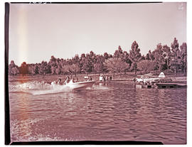 Virginia district, 1961. Boating on Allemanskraal Dam in Willem Pretorius game reserve.