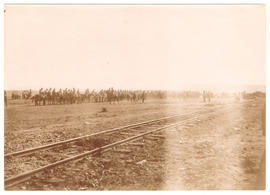 Circa 1900. Anglo-Boer War. Horse commando next to railway line at Modder Spruit.