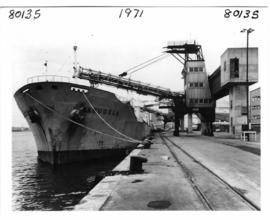 Durban, 1971. 'SA Sugela' moored at sugar terminal in Durban Harbour.