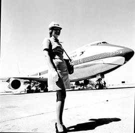 Johannesburg, 1972. Jan Smuts airport. SAA Boeing 747 ZS-SAM 'Drakensberg' with hostess.