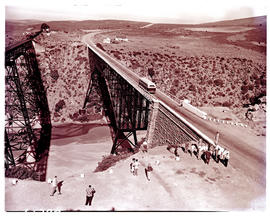 Mossel Bay district, 1954. SAR Canadian Brill motor coach bus on Gourits River bridge.