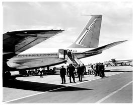 Johannesburg, 1970. Jan Smuts airport. SAA Boeing 707 ZS-SAE 'Windhoek'. Passengers on rear stairs.
