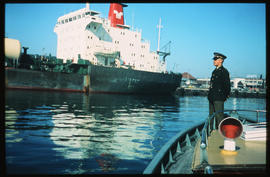 Durban, 1973. Harbour policeman on duty in Durban Harbour.