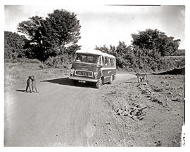 Kruger National Park, 1961. Baboon at SAR Chevrolet motor coach No MT6918.