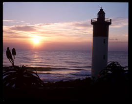Umhlanga Rocks, November 1974. Sunrise at the Umhlanga Rocks lighthouse. [S Mathyssen]