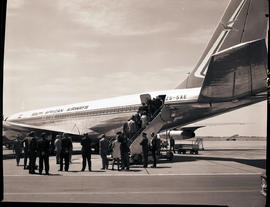 Johannesburg, 1970. Jan Smuts airport. SAA Boeing 707 ZS-SAE 'Windhoek'. Passengers boarding at r...