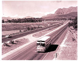 Paarl district, 1978. SAR Silver Eagle motor coach bus on highway.