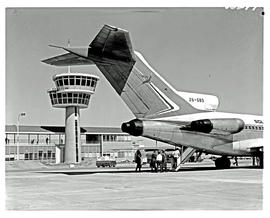 Windhoek, South-West Africa, 1971.  JG Strijdom airport. SAA Boeing 727 ZS-SBG 'Swakop'.