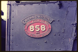 Number plate of SAR Class 16E. 'Allan G Watson' added above number plate.