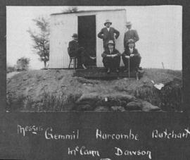 Circa 1925. Messrs Gemmil, Harcombe, Butchart, McCann and Dawson at corrugated iron cabin. (Album...