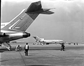 Johannesburg, 1966. Jan Smuts airport. Tail of SAA Boeing 727 ZS-DYR 'Letaba'. SAA Boeing 727 ZS-...